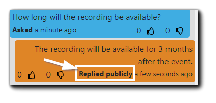 Screenshot: Publicly answered Attendee question, with 'Replied publicly' highlighted.
