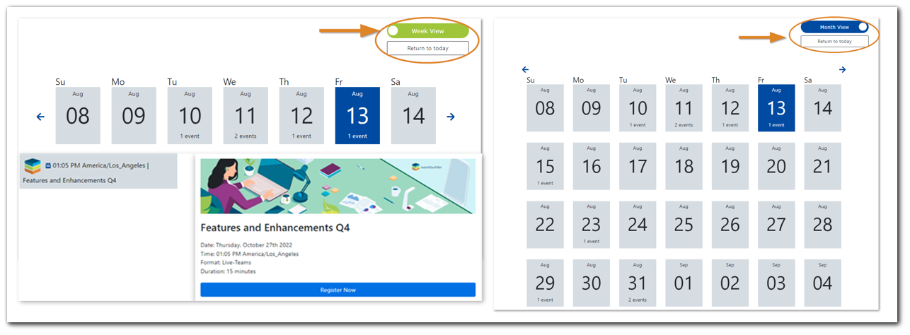 Screenshot: Side-by-side of Calendar Display options - Week View or Month View.