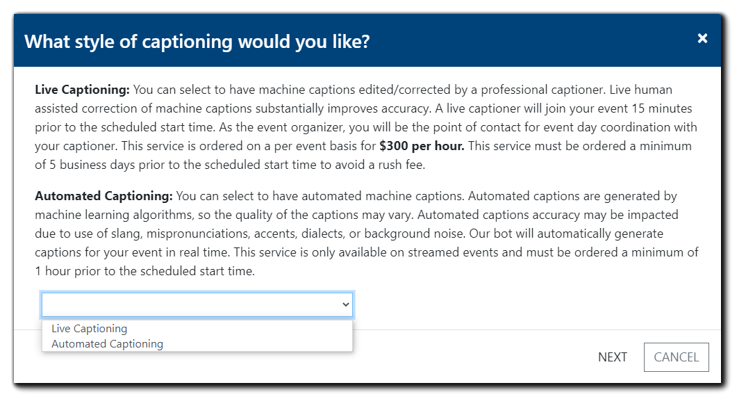 Screenshot: Closed Captioning style option dialog. Image title text: 'What style of captioning would you like?'