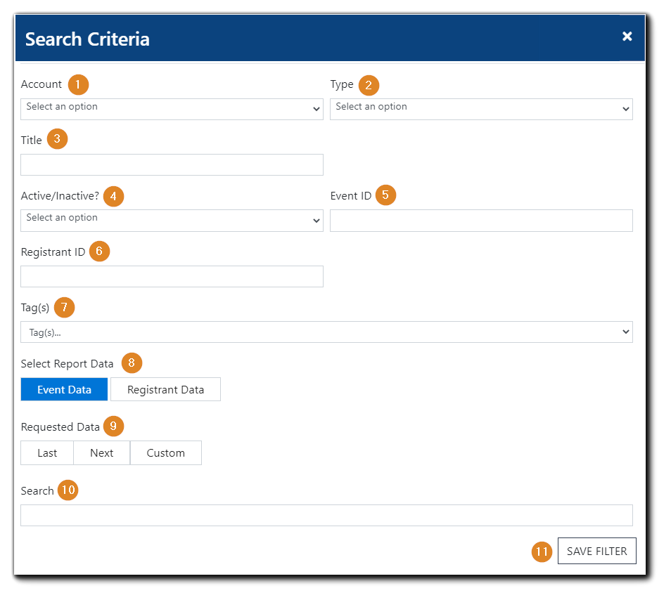 Screenshot: Search Criteria dialog with functions numbered 1-11.