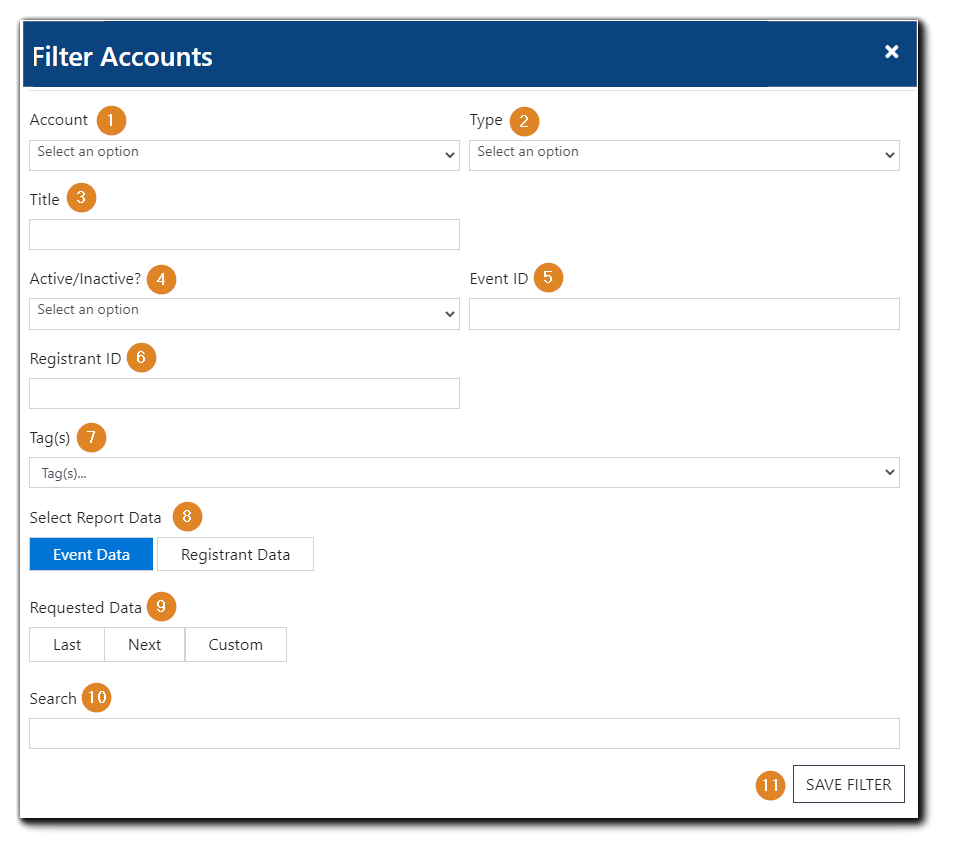 Screenshot: User Summary Filter Accounts dialog. Fields: First name, Last name, Email Address, Role, Enabled (yes/no), Sort field, Sort direction, Search.